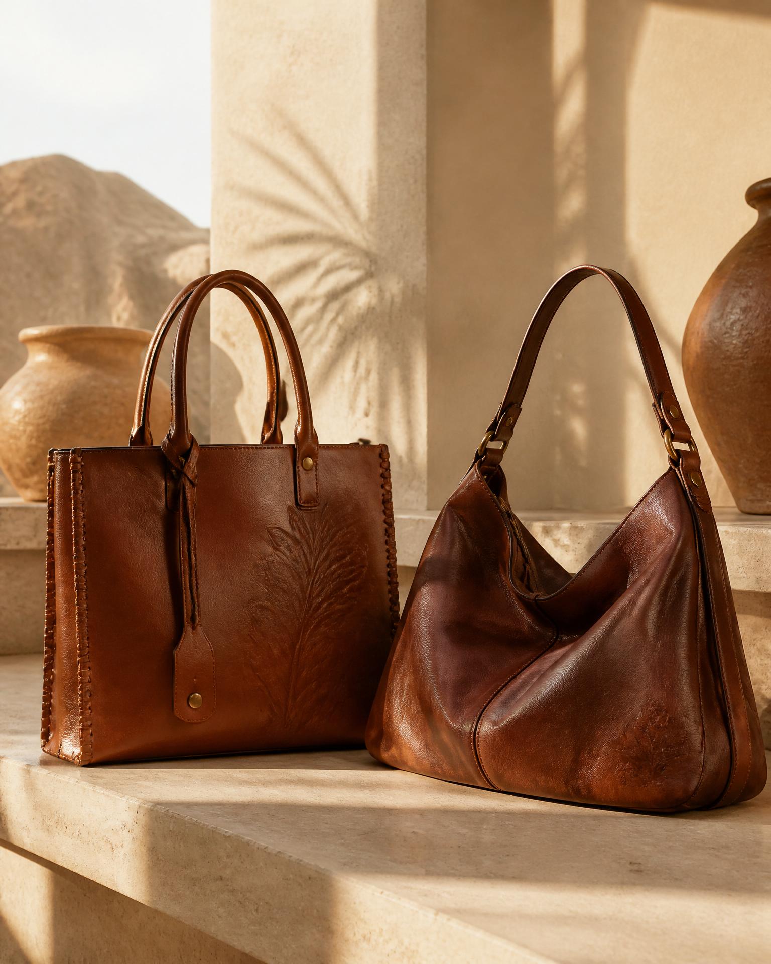 Cognac plant leather tote and shoulder bag on a sunlit travertine bench