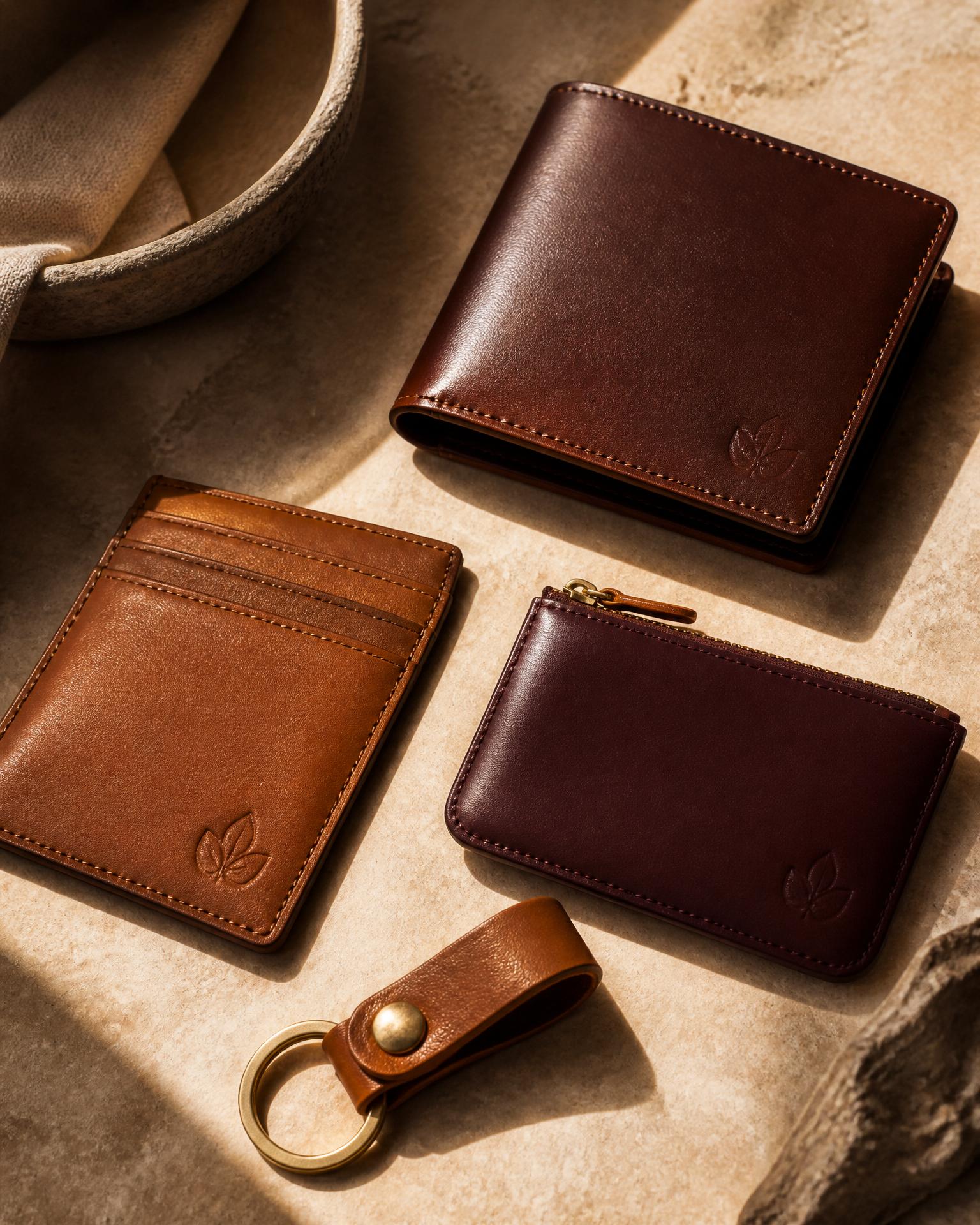 Plant leather wallets in a flat-lay arrangement