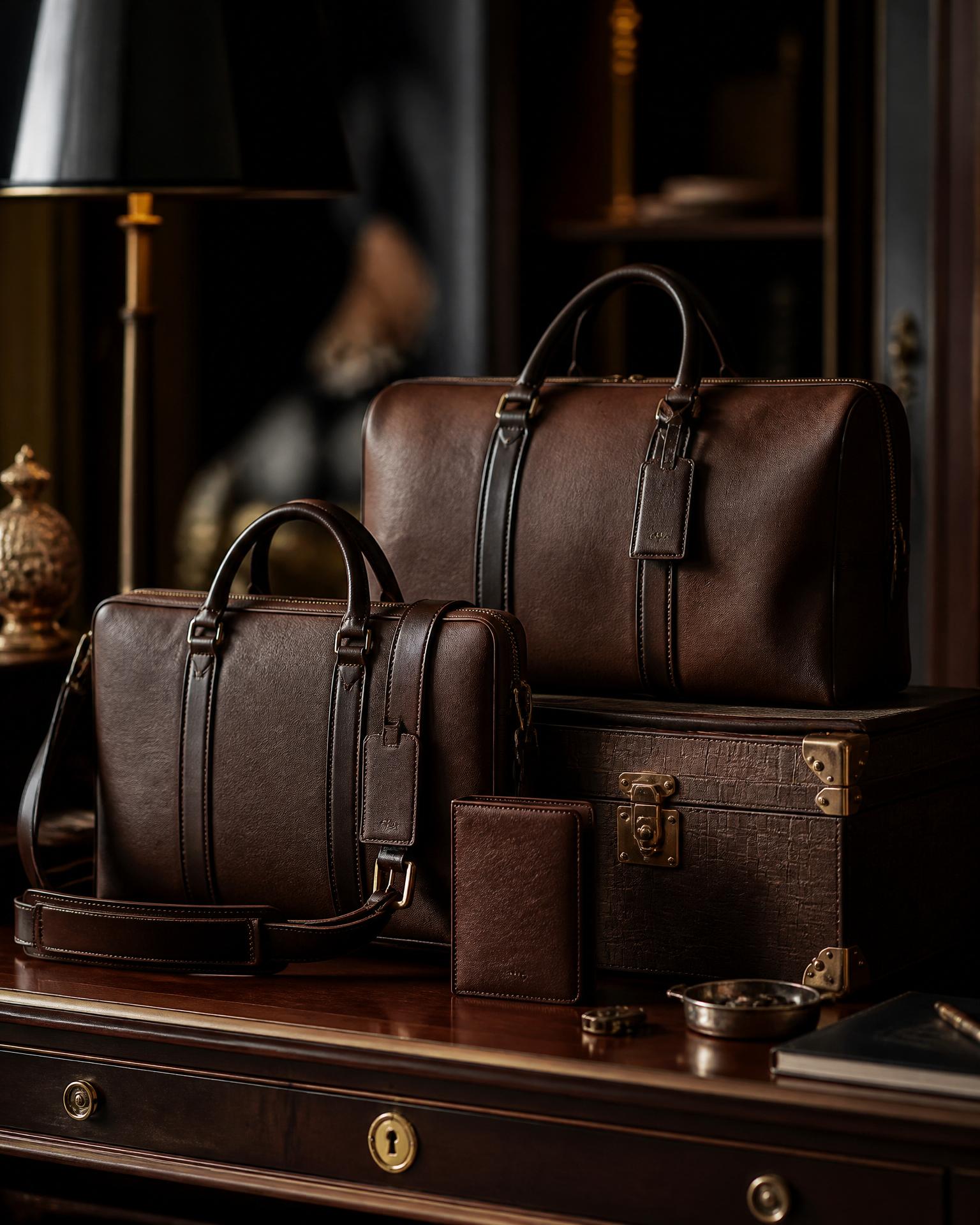 Plant leather bags arranged on wooden shelves in a studio